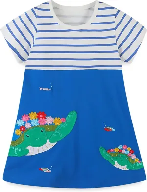 KISSOURBABY Little Girls Soft Summer Cotton Short Sleeve Dresses T-Shirt Casual Cartoon Dress