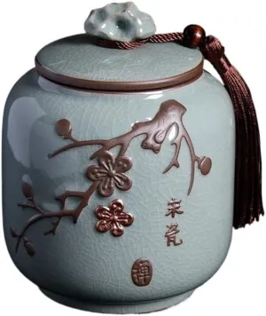 Kitchen Container Household Ceramic Tea Canister With Sealed Lid Large Capacity Embossed Storage Jar For Tea, Spices, Candy, Coffee For Loose Tea(Blue)
