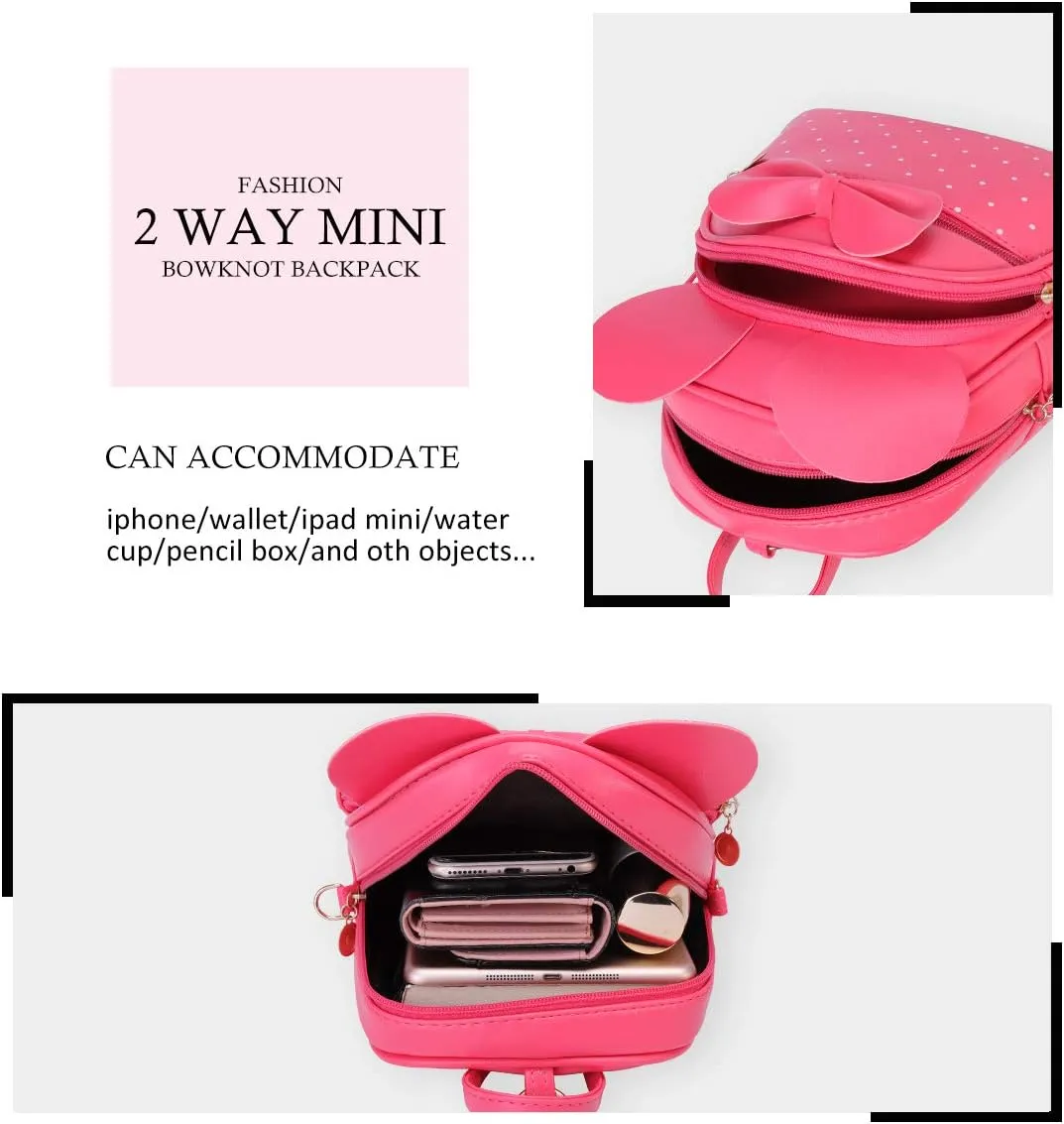 KL928 Girls Bowknot Polka Dot Cute Mini Backpack Small Daypacks Convertible Shoulder Bag Purse for Women