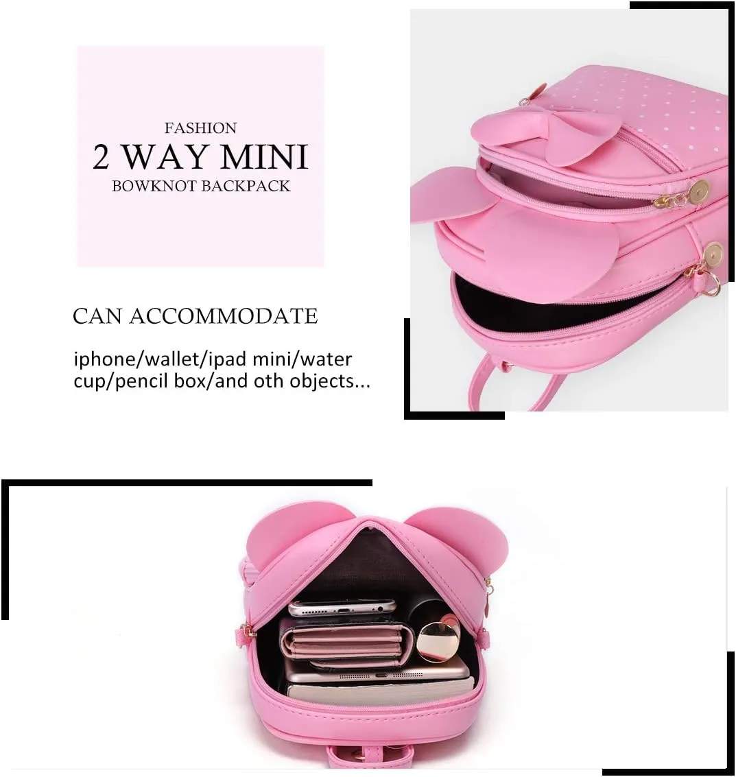 KL928 Girls Bowknot Polka Dot Cute Mini Backpack Small Daypacks Convertible Shoulder Bag Purse for Women
