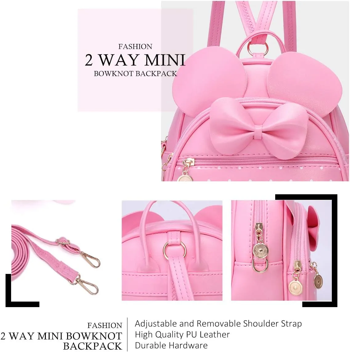KL928 Girls Bowknot Polka Dot Cute Mini Backpack Small Daypacks Convertible Shoulder Bag Purse for Women