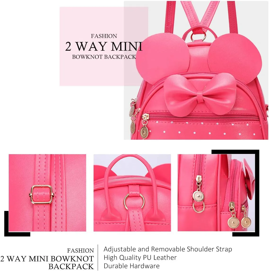 KL928 Girls Bowknot Polka Dot Cute Mini Backpack Small Daypacks Convertible Shoulder Bag Purse for Women