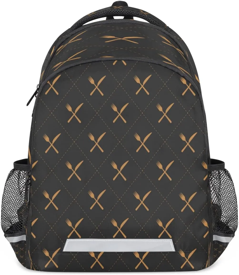 Knife Fork Tableware Pattern Backpack with Reflective Strip, Black Lightweight Backpack Travel Bag Casual Daypack Laptop Bag