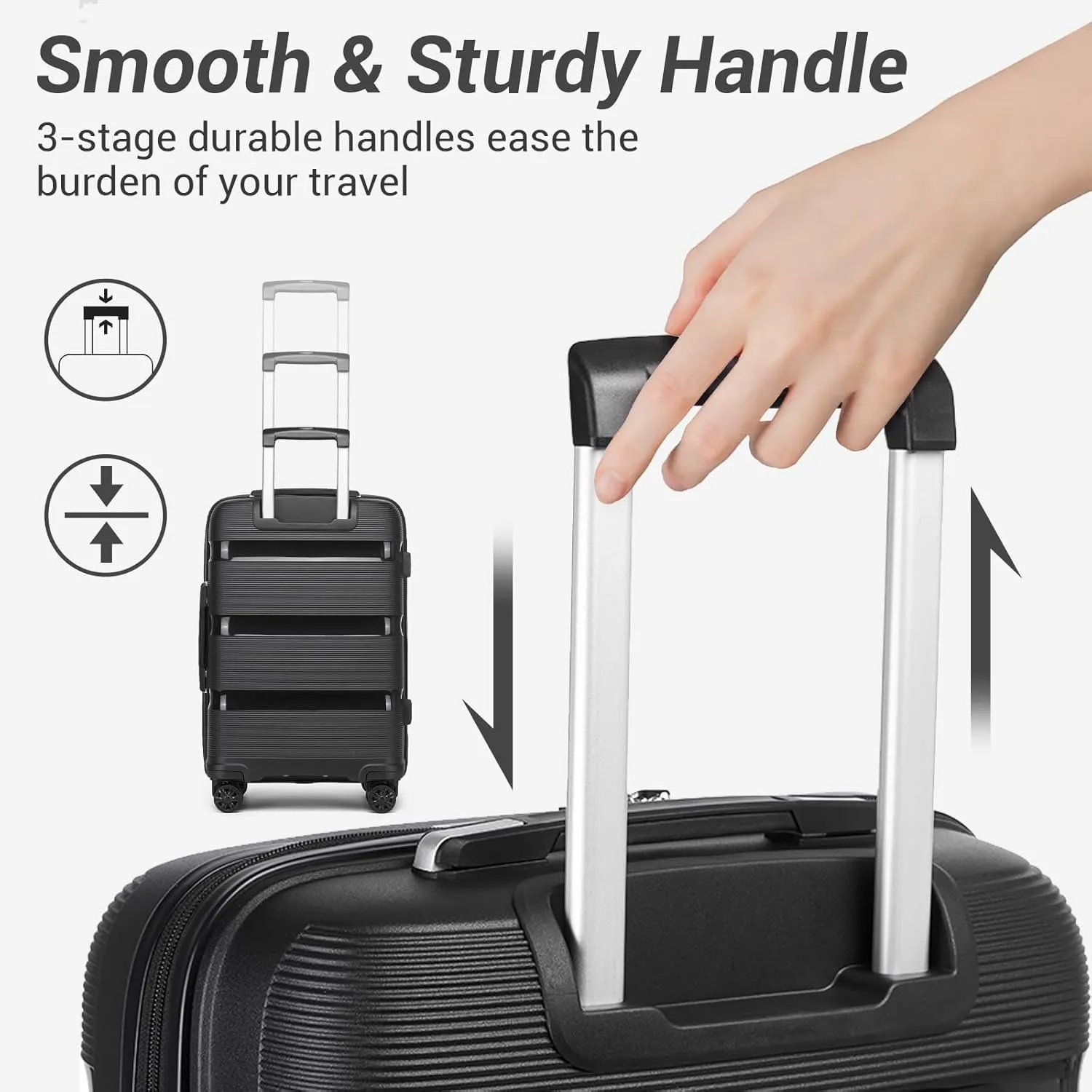 Kono Carry On Luggage 24'' Checked-Medium Hard Shell Travel Trolley 4 Spinner Wheels Lightweight Polypropylene Suitcase with TSA Lock (24-Inch, Black)