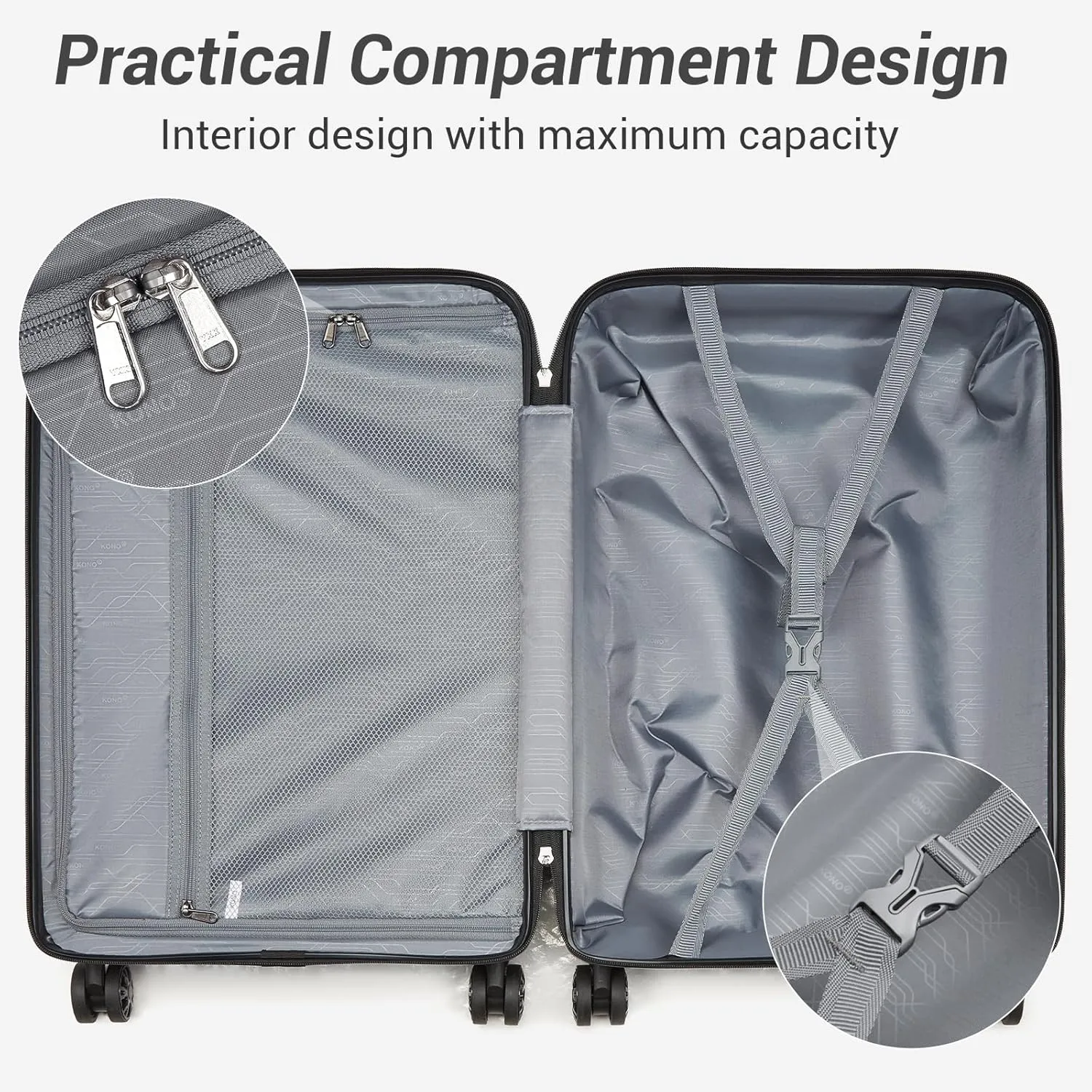 Kono Carry On Luggage 24'' Checked-Medium Hard Shell Travel Trolley 4 Spinner Wheels Lightweight Polypropylene Suitcase with TSA Lock (24-Inch, Black)