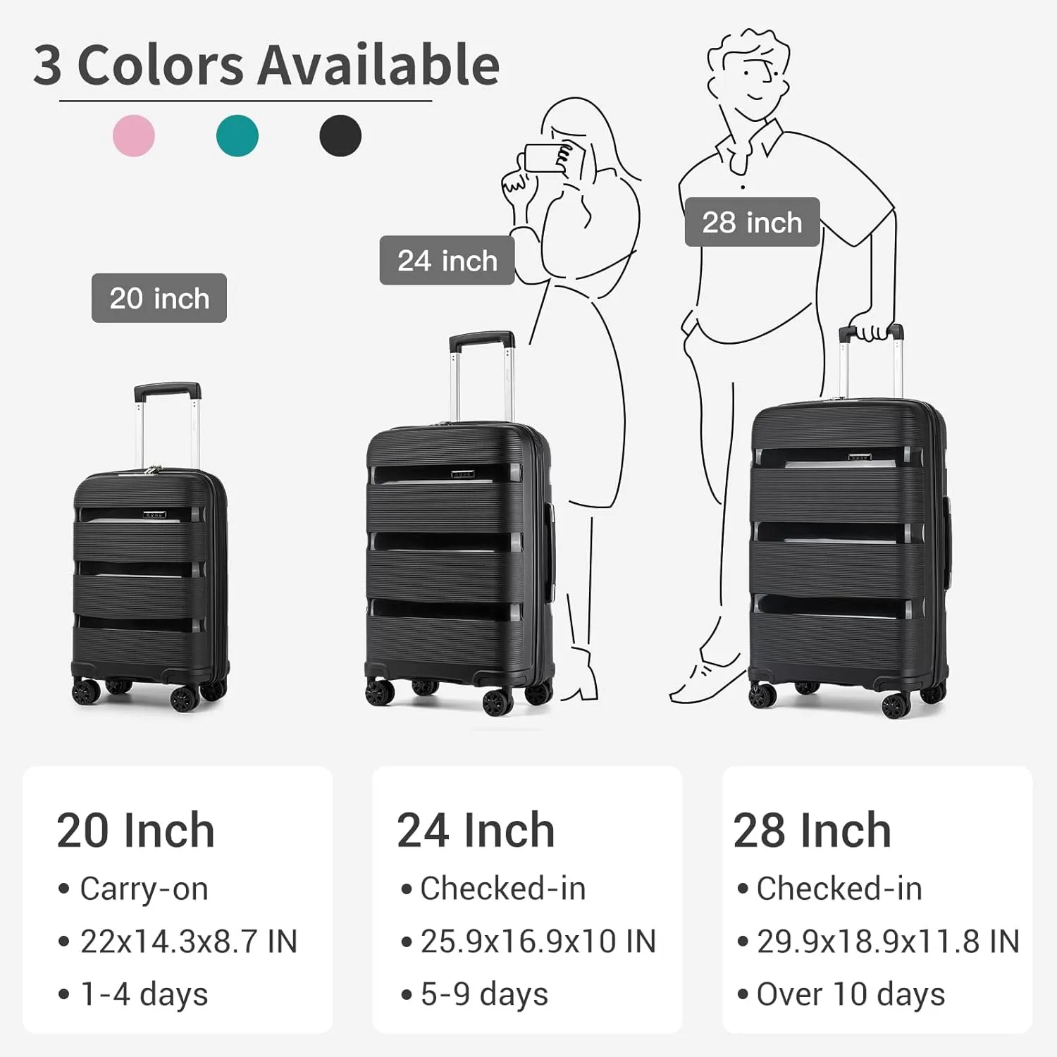 Kono Carry On Luggage 24'' Checked-Medium Hard Shell Travel Trolley 4 Spinner Wheels Lightweight Polypropylene Suitcase with TSA Lock (24-Inch, Black)