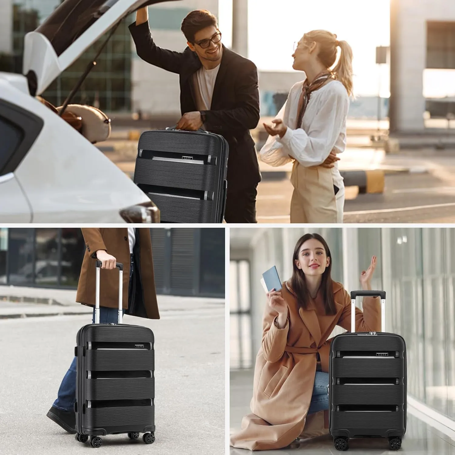 Kono Carry On Luggage 24'' Checked-Medium Hard Shell Travel Trolley 4 Spinner Wheels Lightweight Polypropylene Suitcase with TSA Lock (24-Inch, Black)