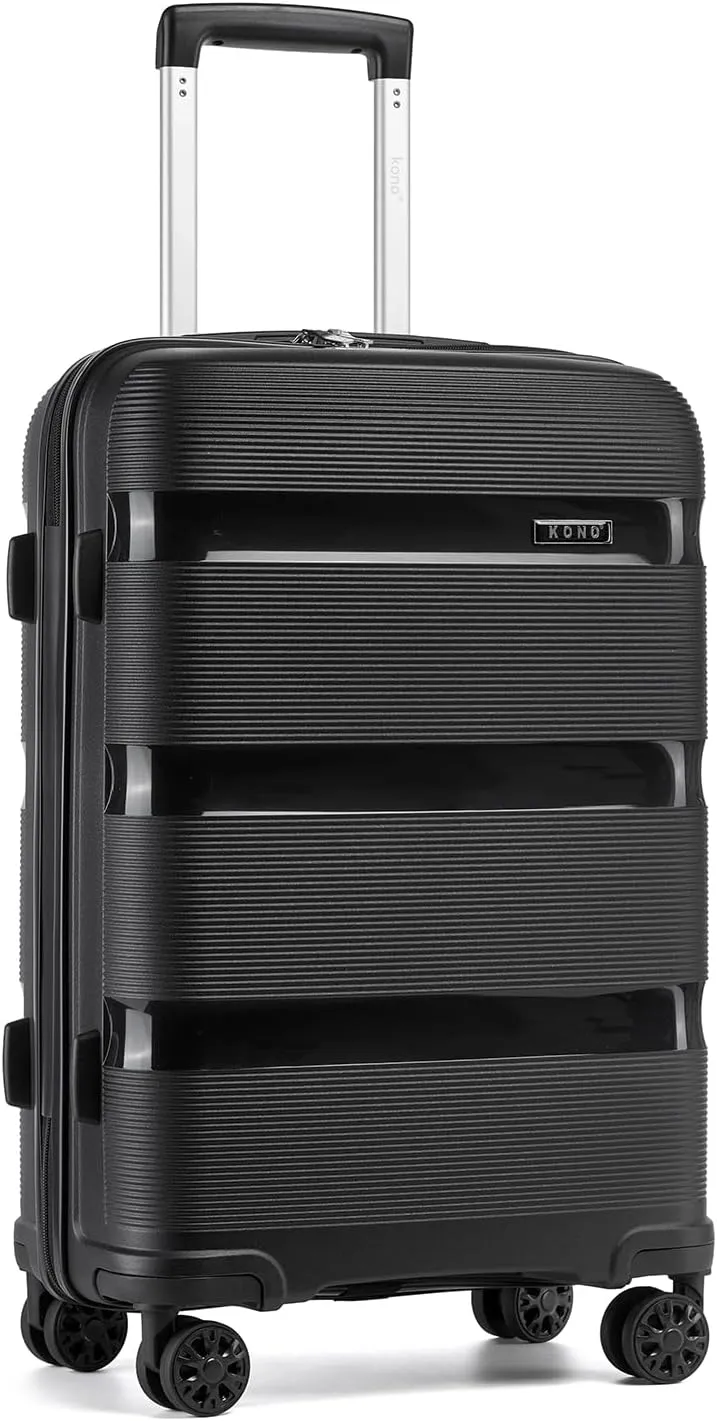 Kono Carry On Luggage 24'' Checked-Medium Hard Shell Travel Trolley 4 Spinner Wheels Lightweight Polypropylene Suitcase with TSA Lock (24-Inch, Black)