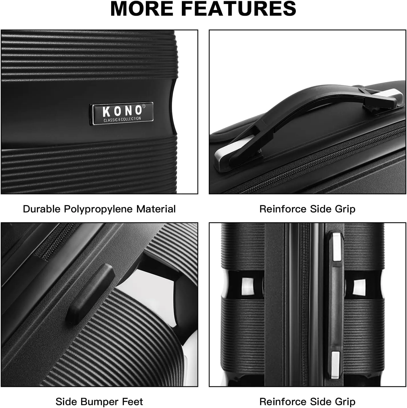 Kono Carry On Luggage Hard Shell Travel Trolley 4 Spinner Wheels Lightweight Polypropylene Suitcase with TSA Lock (Carry-On 21-Inch, Black)
