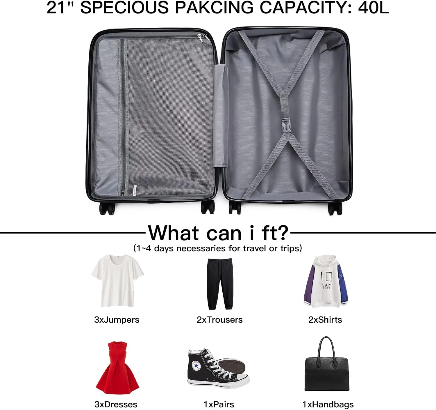 Kono Carry On Luggage Hard Shell Travel Trolley 4 Spinner Wheels Lightweight Polypropylene Suitcase with TSA Lock (Carry-On 21-Inch, Black)