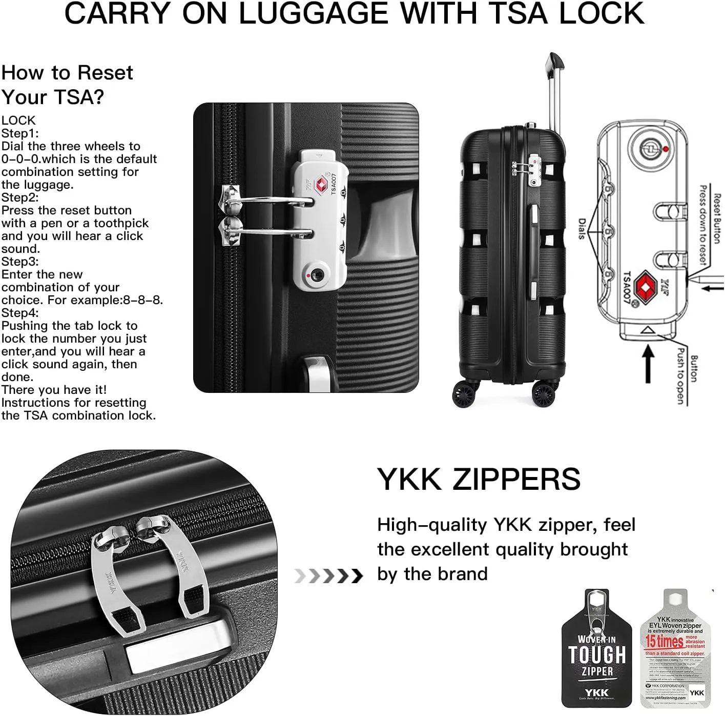 Kono Carry On Luggage Hard Shell Travel Trolley 4 Spinner Wheels Lightweight Polypropylene Suitcase with TSA Lock (Carry-On 21-Inch, Black)