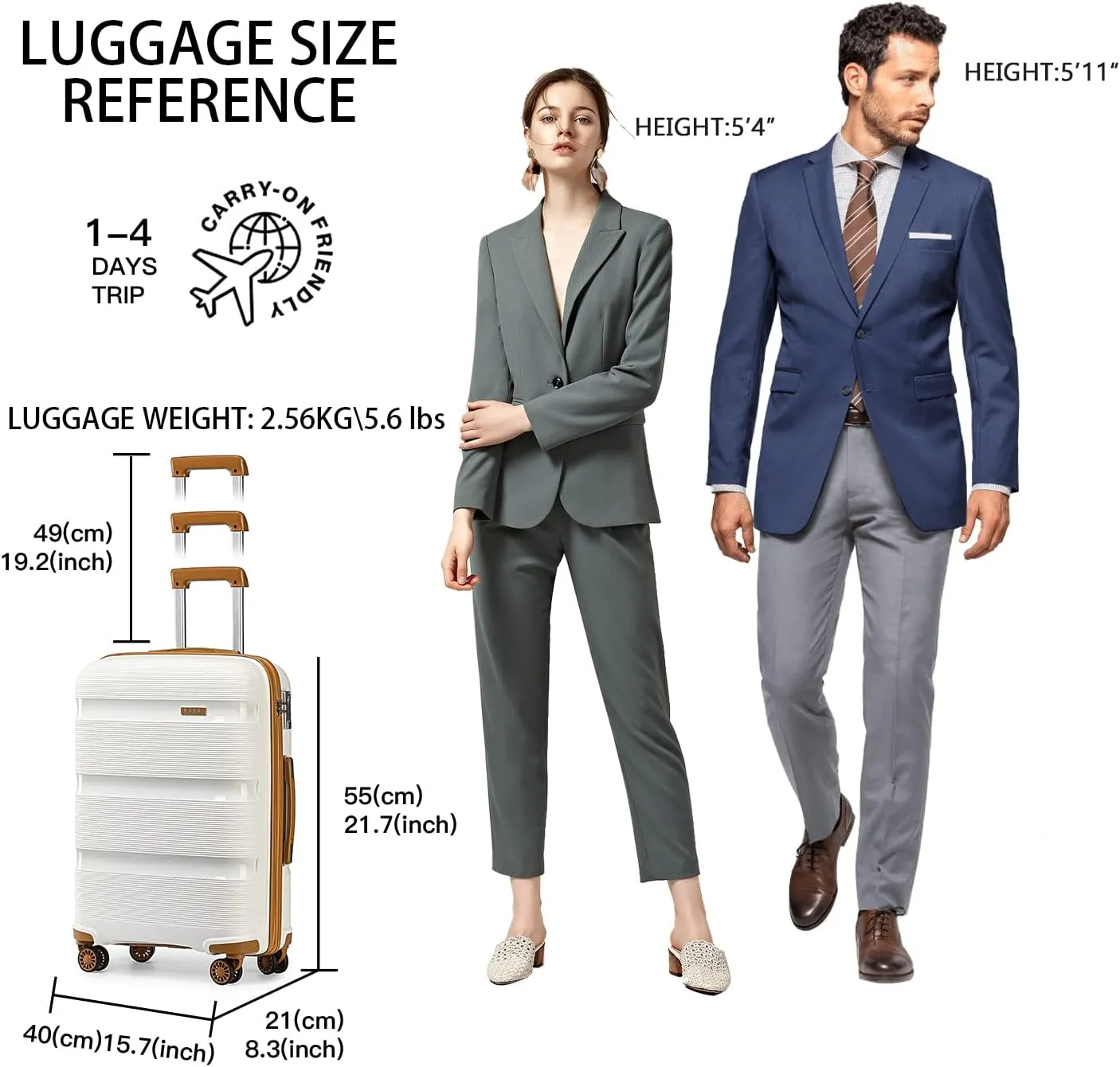 Kono Carry On Luggage Hard Shell Travel Trolley 4 Spinner Wheels Lightweight Polypropylene Suitcase with TSA Lock (Carry-On 21-Inch, Cream White)