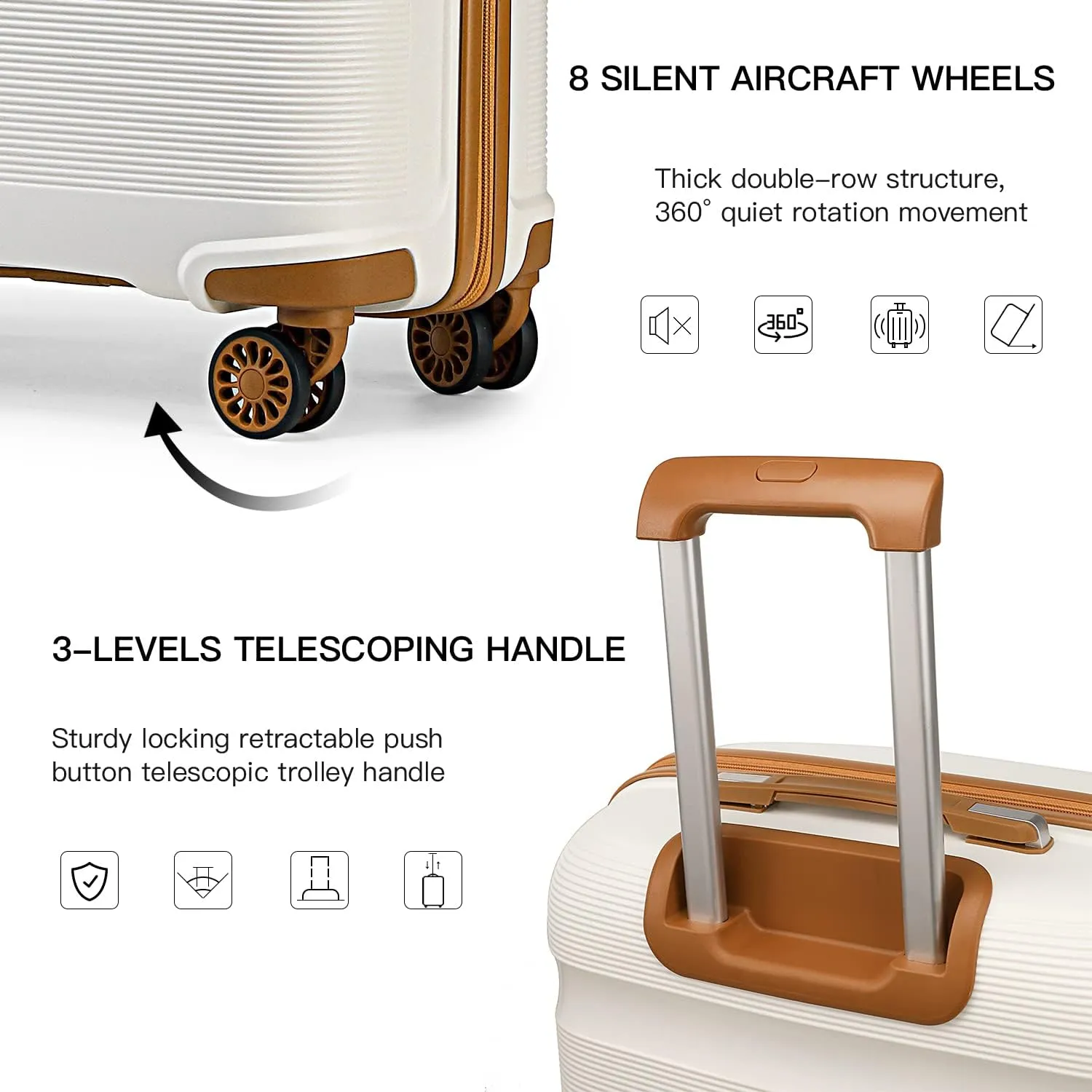 Kono Carry On Luggage Hard Shell Travel Trolley 4 Spinner Wheels Lightweight Polypropylene Suitcase with TSA Lock (Carry-On 21-Inch, Cream White)