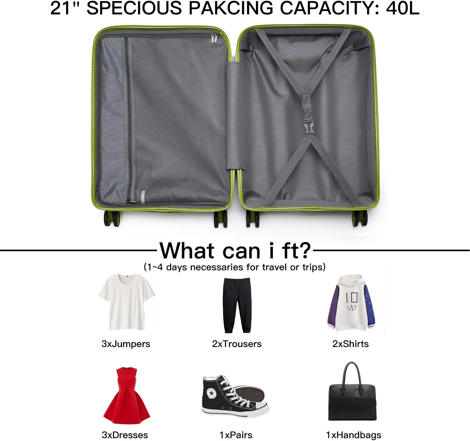 Kono Carry On Luggage Hard Shell Travel Trolley 4 Spinner Wheels Lightweight Polypropylene Suitcase with TSA Lock (Carry-On 21-Inch, Green)