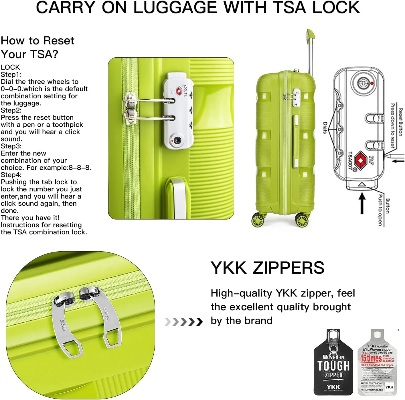 Kono Carry On Luggage Hard Shell Travel Trolley 4 Spinner Wheels Lightweight Polypropylene Suitcase with TSA Lock (Carry-On 21-Inch, Green)