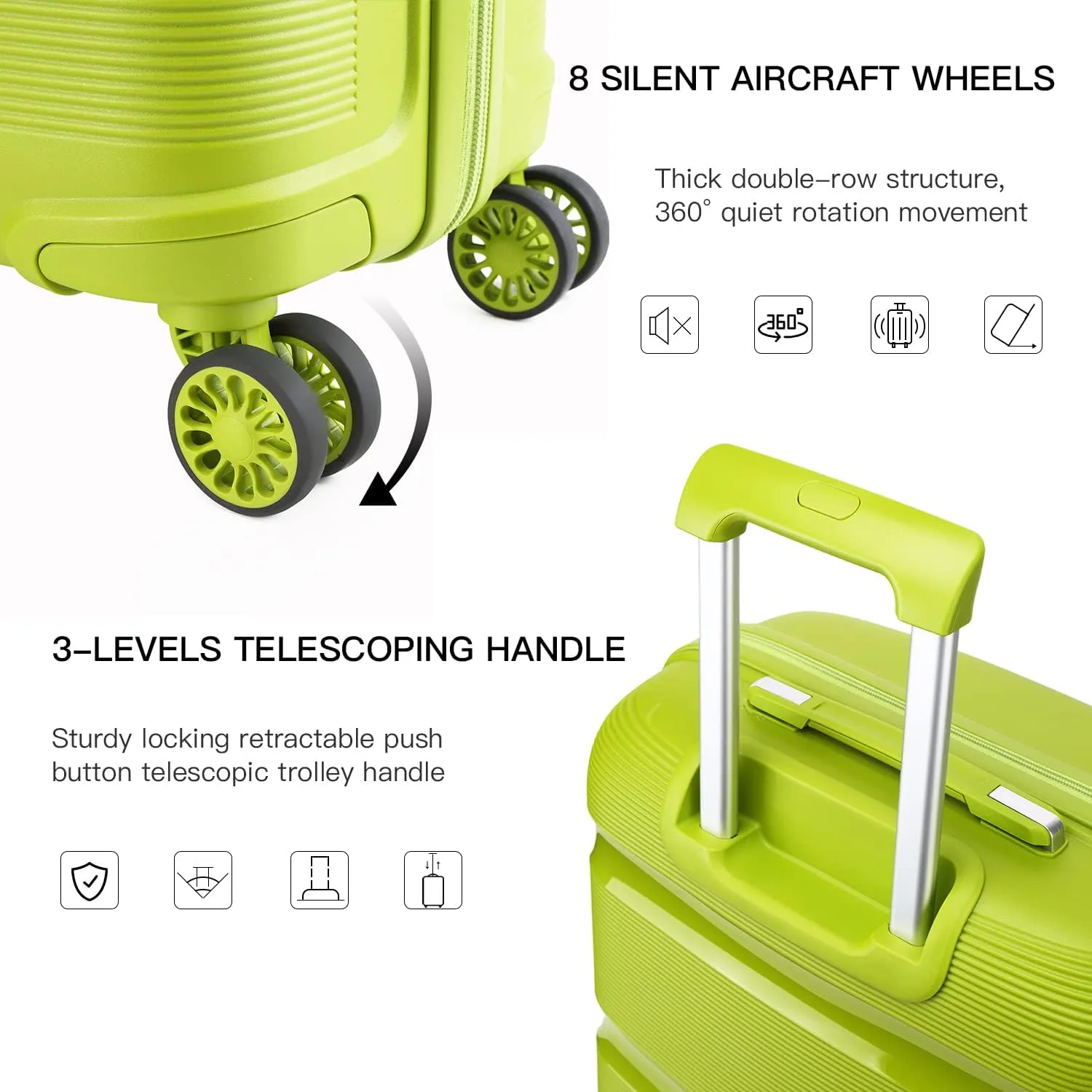 Kono Carry On Luggage Hard Shell Travel Trolley 4 Spinner Wheels Lightweight Polypropylene Suitcase with TSA Lock (Carry-On 21-Inch, Green)