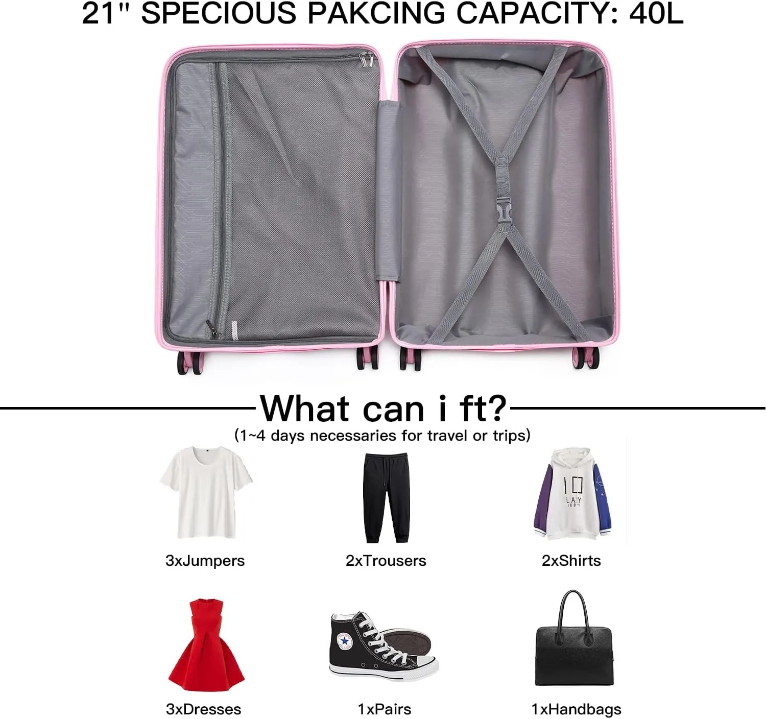 Kono Carry On Luggage Hard Shell Travel Trolley 4 Spinner Wheels Lightweight Polypropylene Suitcase with TSA Lock (Carry-On 21-Inch, Pink)