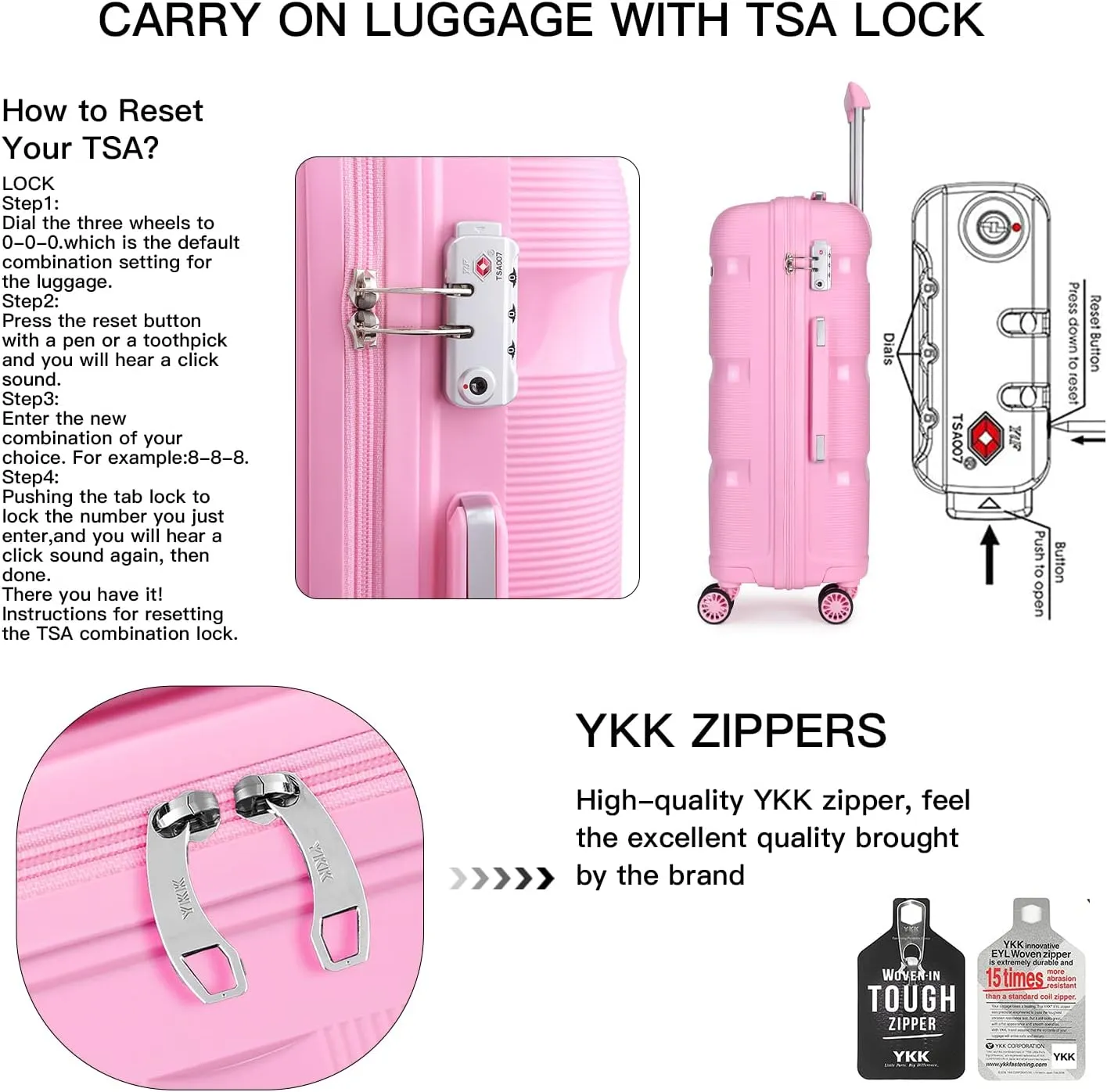 Kono Carry On Luggage Hard Shell Travel Trolley 4 Spinner Wheels Lightweight Polypropylene Suitcase with TSA Lock (Carry-On 21-Inch, Pink)