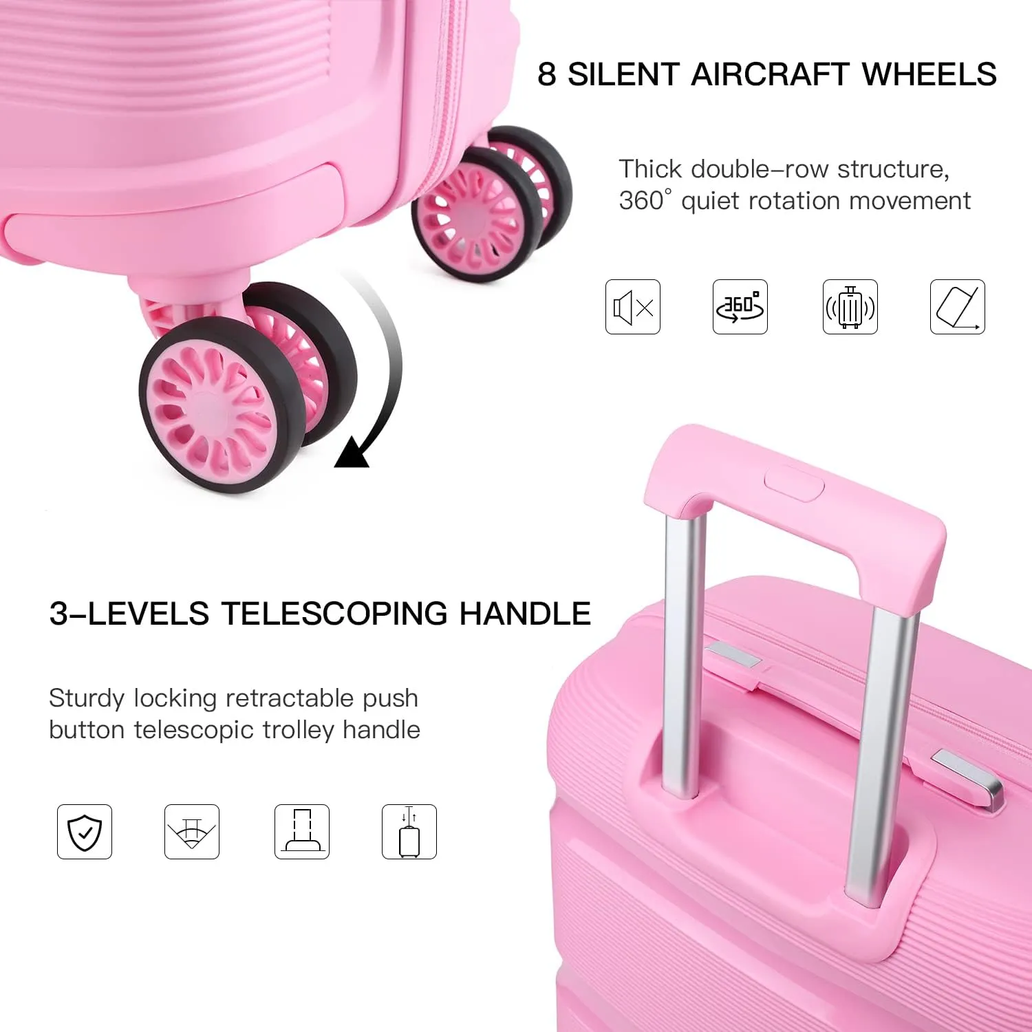 Kono Carry On Luggage Hard Shell Travel Trolley 4 Spinner Wheels Lightweight Polypropylene Suitcase with TSA Lock (Carry-On 21-Inch, Pink)