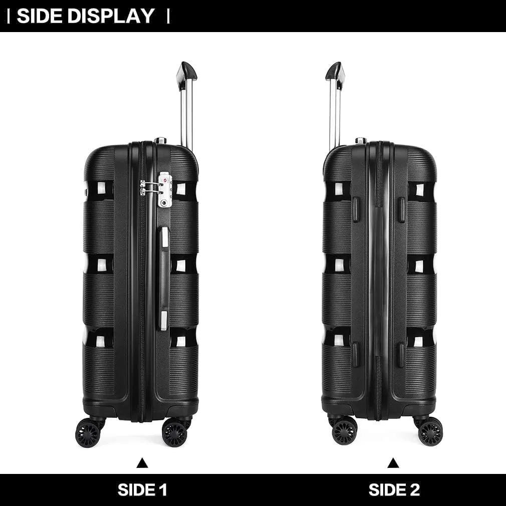 Kono Carry On Luggage Hard Shell Travel Trolley 4 Spinner Wheels Lightweight Polypropylene Suitcase with TSA Lock (Checked-Medium 24-Inch, Black)