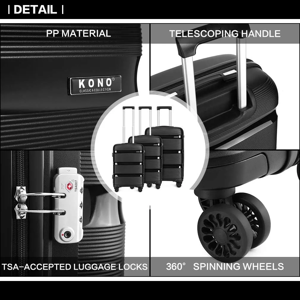 Kono Carry On Luggage Hard Shell Travel Trolley 4 Spinner Wheels Lightweight Polypropylene Suitcase with TSA Lock (Checked-Medium 24-Inch, Black)