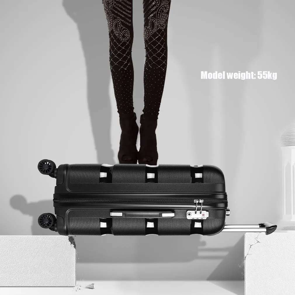 Kono Carry On Luggage Hard Shell Travel Trolley 4 Spinner Wheels Lightweight Polypropylene Suitcase with TSA Lock (Checked-Medium 24-Inch, Black)