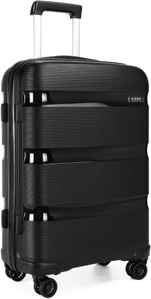 Kono Carry On Luggage Hard Shell Travel Trolley 4 Spinner Wheels Lightweight Polypropylene Suitcase with TSA Lock (Checked-Medium 24-Inch, Black)