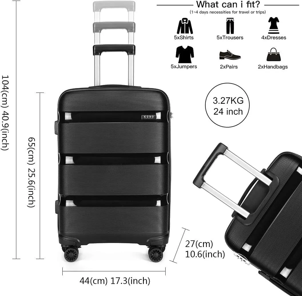 Kono Carry On Luggage Hard Shell Travel Trolley 4 Spinner Wheels Lightweight Polypropylene Suitcase with TSA Lock (Checked-Medium 24-Inch, Black)