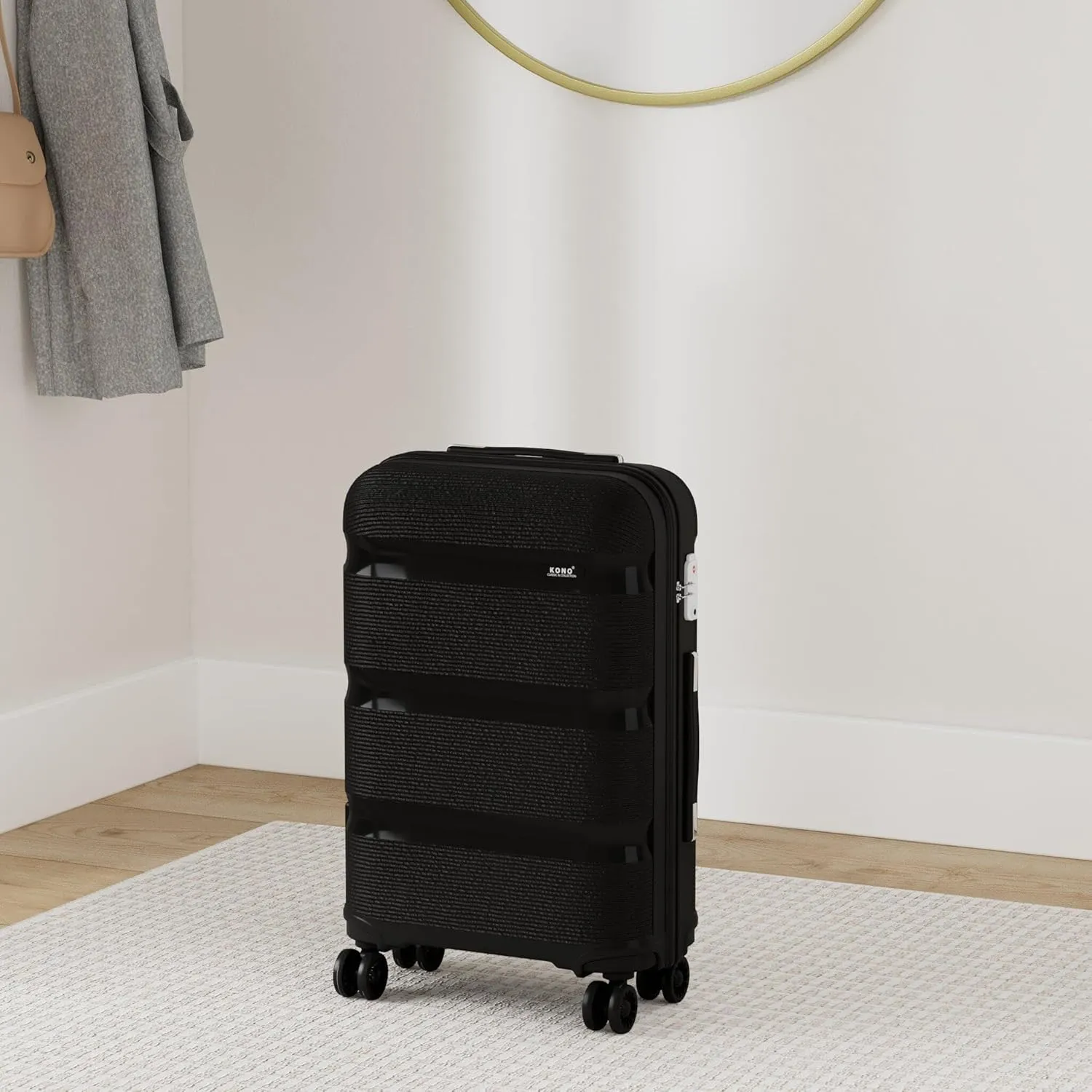 Kono Carry On Luggage Hard Shell Travel Trolley 4 Spinner Wheels Lightweight Polypropylene Suitcase with TSA Lock (Checked-Medium 24-Inch, Black)