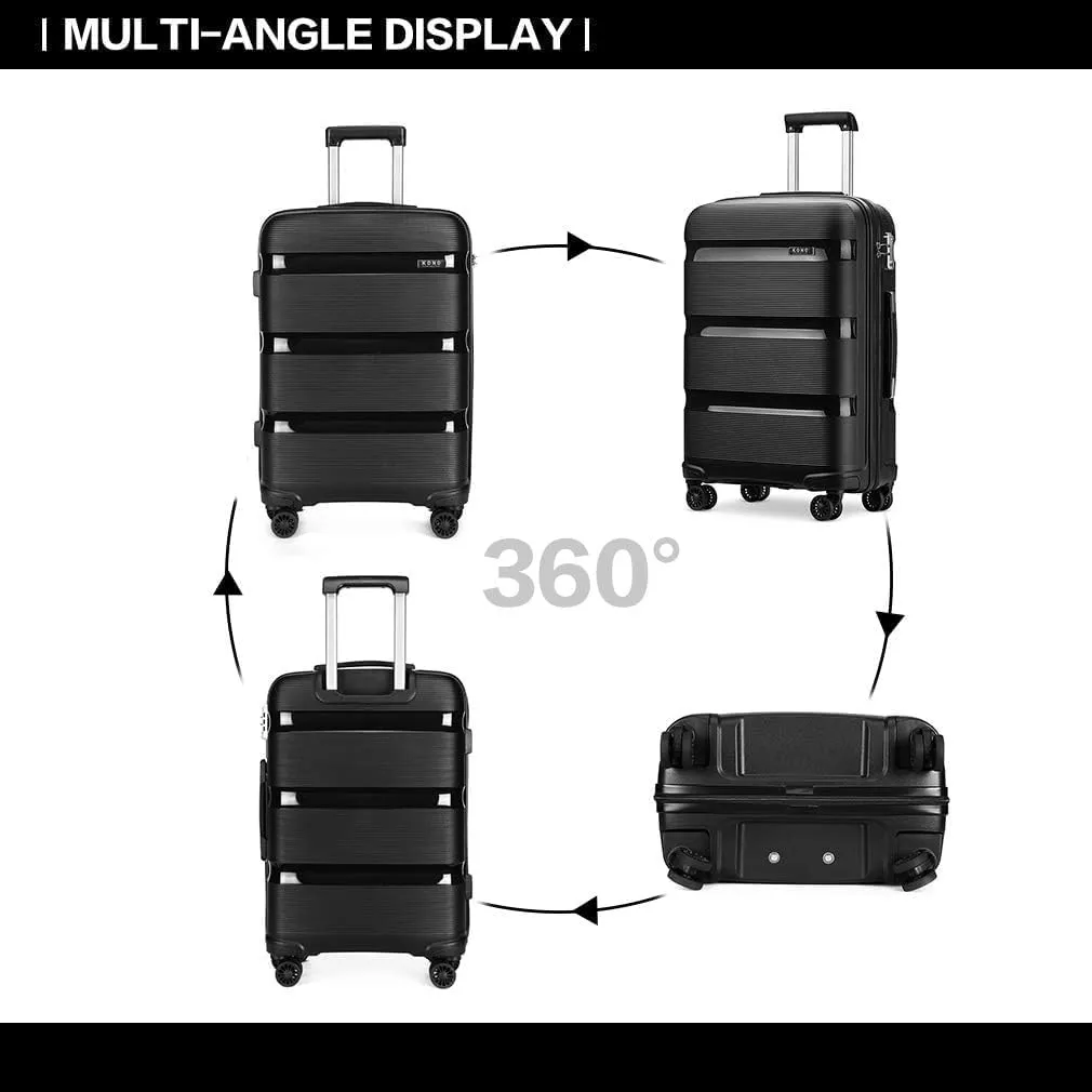 Kono Carry On Luggage Hard Shell Travel Trolley 4 Spinner Wheels Lightweight Polypropylene Suitcase with TSA Lock (Checked-Medium 24-Inch, Black)