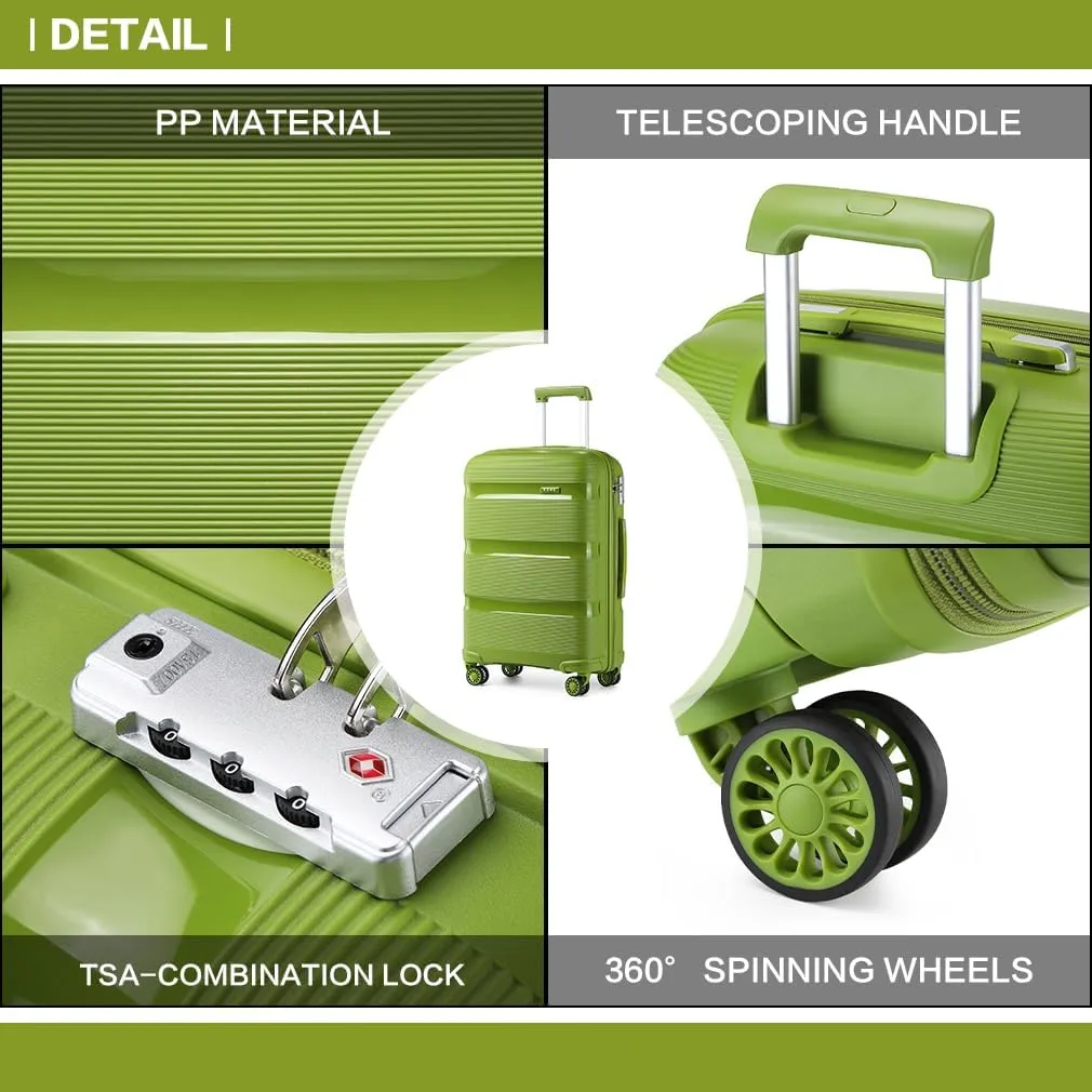 Kono Carry On Luggage Hard Shell Travel Trolley 4 Spinner Wheels Lightweight Polypropylene Suitcase with TSA Lock (Checked-Medium 24-Inch, Green)