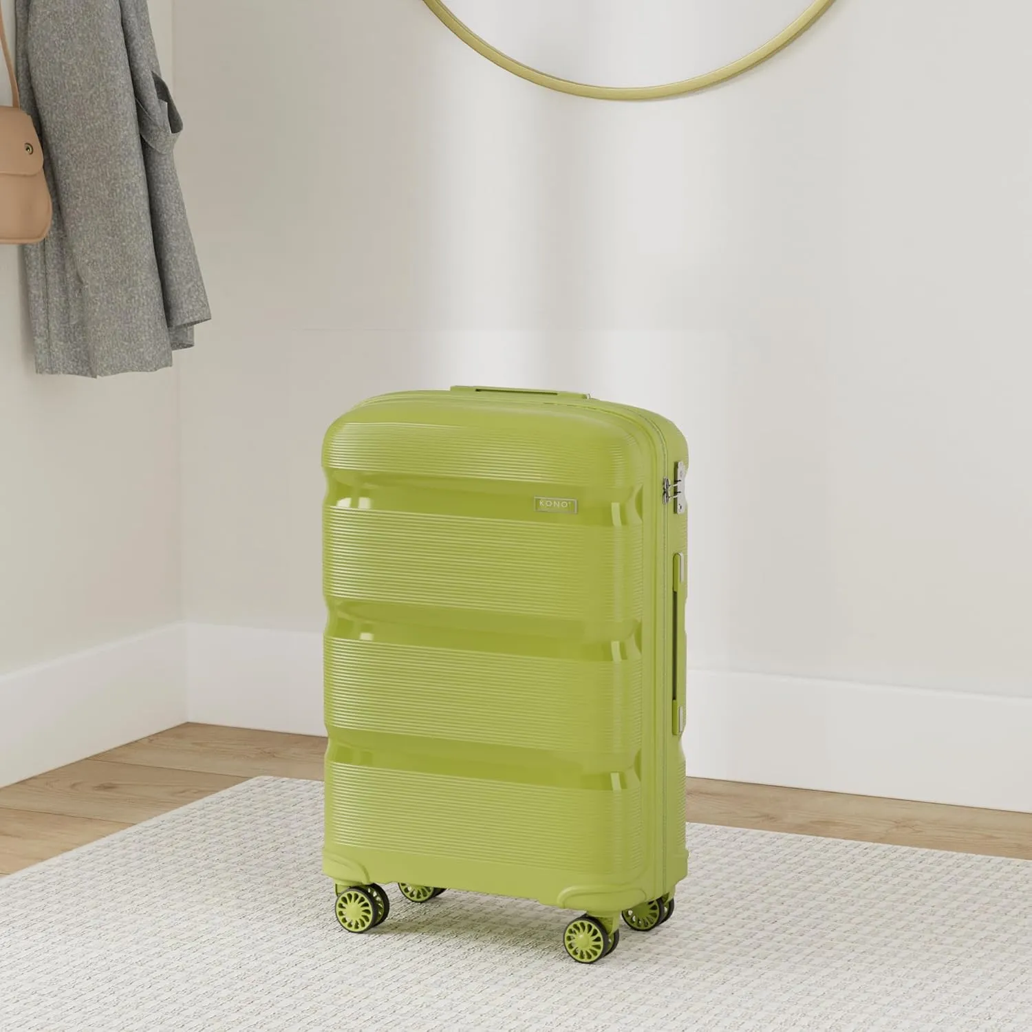 Kono Carry On Luggage Hard Shell Travel Trolley 4 Spinner Wheels Lightweight Polypropylene Suitcase with TSA Lock (Checked-Medium 24-Inch, Green)