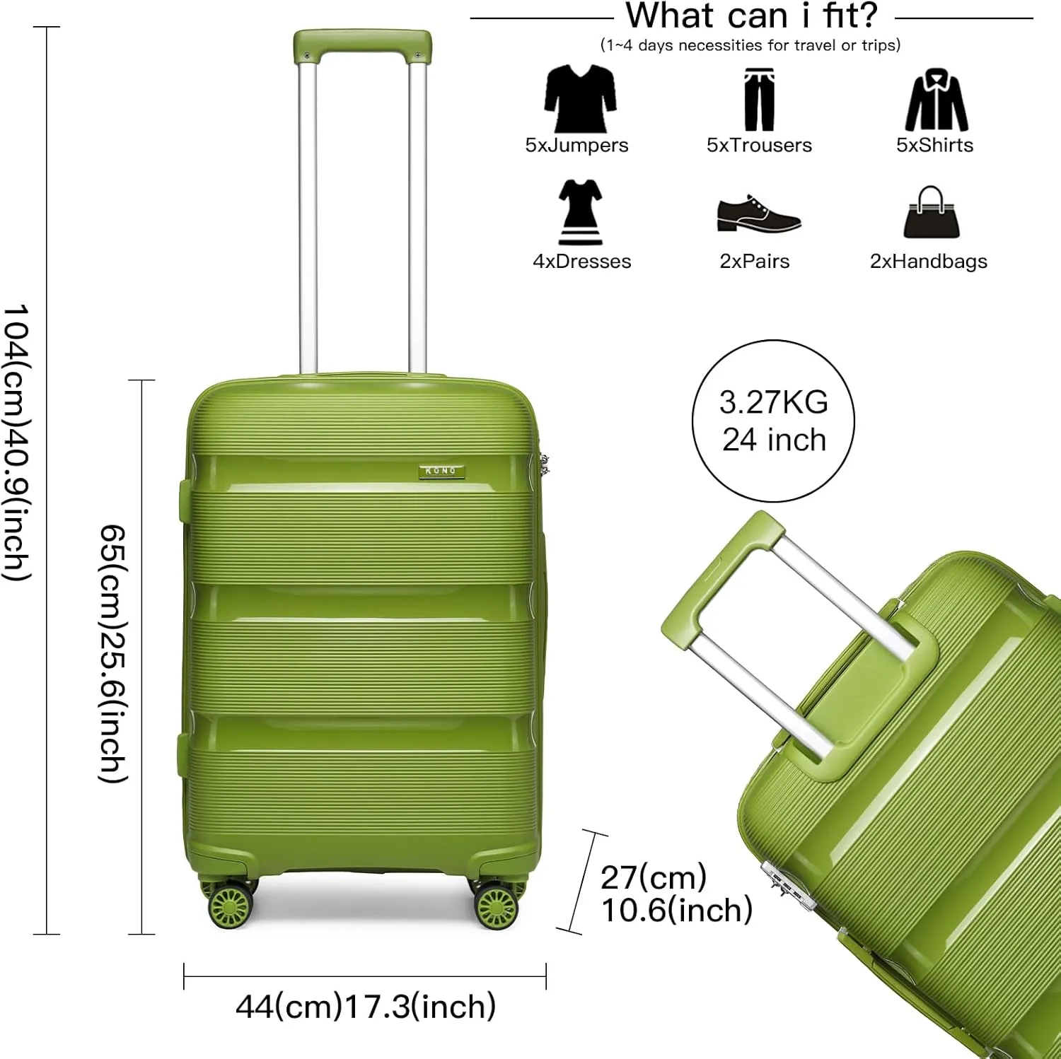 Kono Carry On Luggage Hard Shell Travel Trolley 4 Spinner Wheels Lightweight Polypropylene Suitcase with TSA Lock (Checked-Medium 24-Inch, Green)