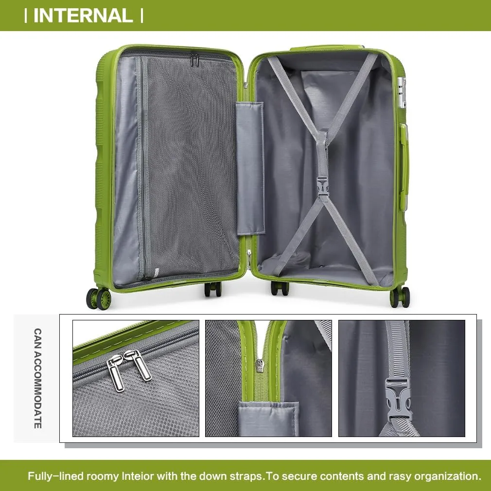 Kono Carry On Luggage Hard Shell Travel Trolley 4 Spinner Wheels Lightweight Polypropylene Suitcase with TSA Lock (Checked-Medium 24-Inch, Green)