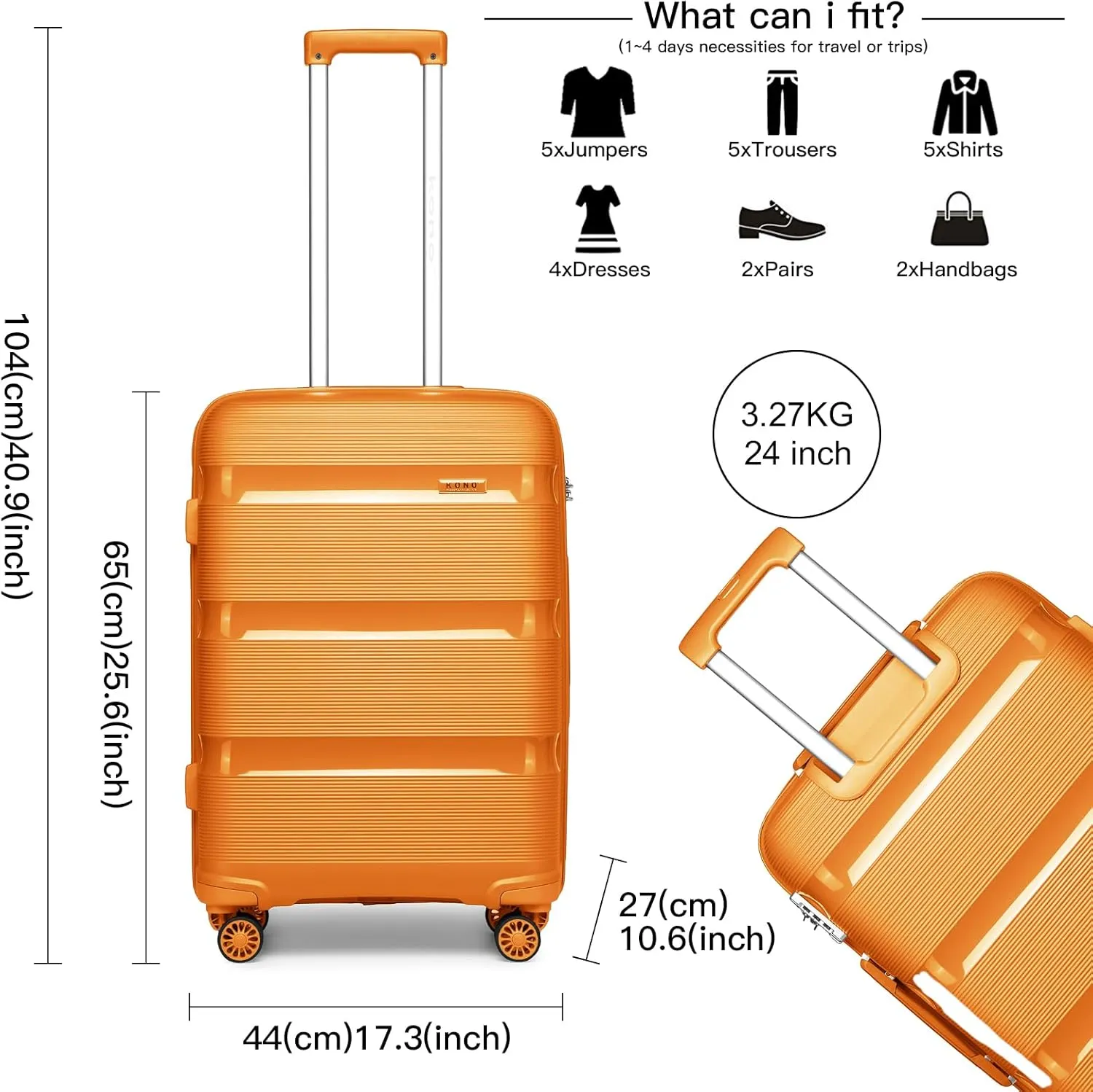 Kono Carry On Luggage Hard Shell Travel Trolley 4 Spinner Wheels Lightweight Polypropylene Suitcase with TSA Lock (Checked-Medium 24-Inch, Orange)