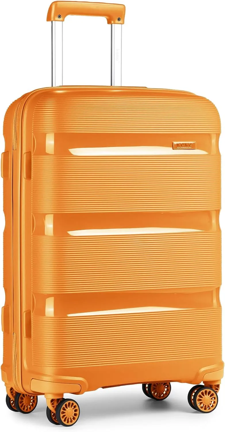 Kono Carry On Luggage Hard Shell Travel Trolley 4 Spinner Wheels Lightweight Polypropylene Suitcase with TSA Lock (Checked-Medium 24-Inch, Orange)