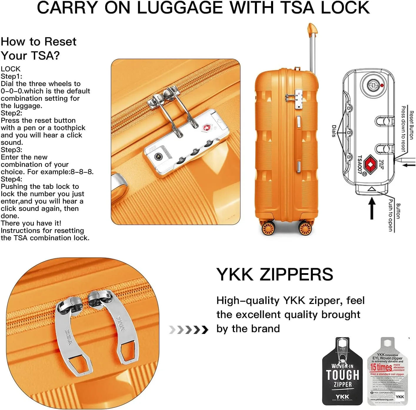 Kono Carry On Luggage Hard Shell Travel Trolley 4 Spinner Wheels Lightweight Polypropylene Suitcase with TSA Lock (Checked-Medium 24-Inch, Orange)