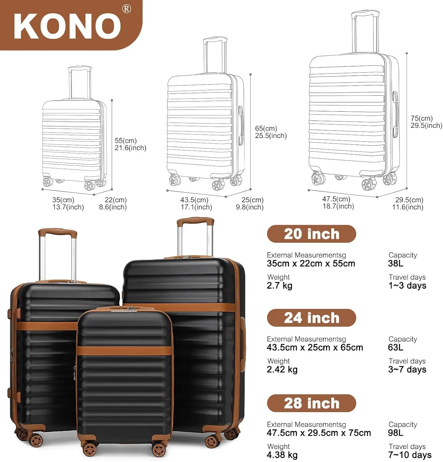 Kono Expandable 28 - Inch Large Checked Luggage: ABS PC Hardside Trolley Travel Case - Hard Shell Suitcase with TSA Lock, Black Brown