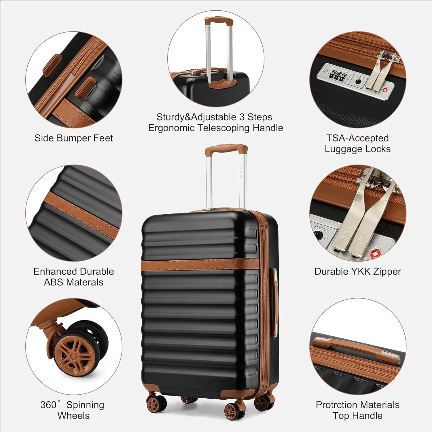 Kono Expandable 28 - Inch Large Checked Luggage: ABS PC Hardside Trolley Travel Case - Hard Shell Suitcase with TSA Lock, Black Brown
