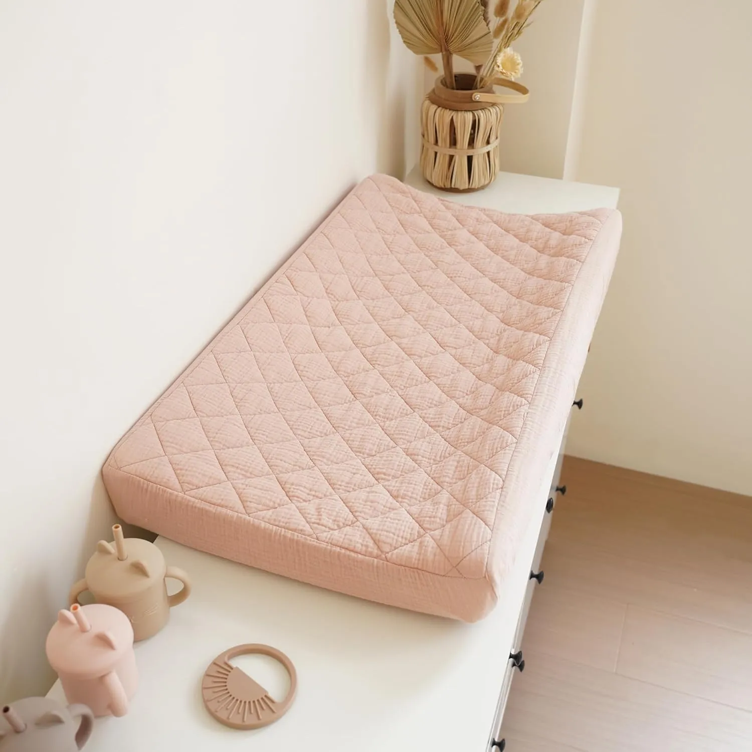 Konssy Waterproof Muslin Changing Pad Cover 2 Pack, Quilted Cotton Fitted Diaper Chang Table Cover, Soft Changing Pad Sheets for Girls Boys (Blossom,Pink)