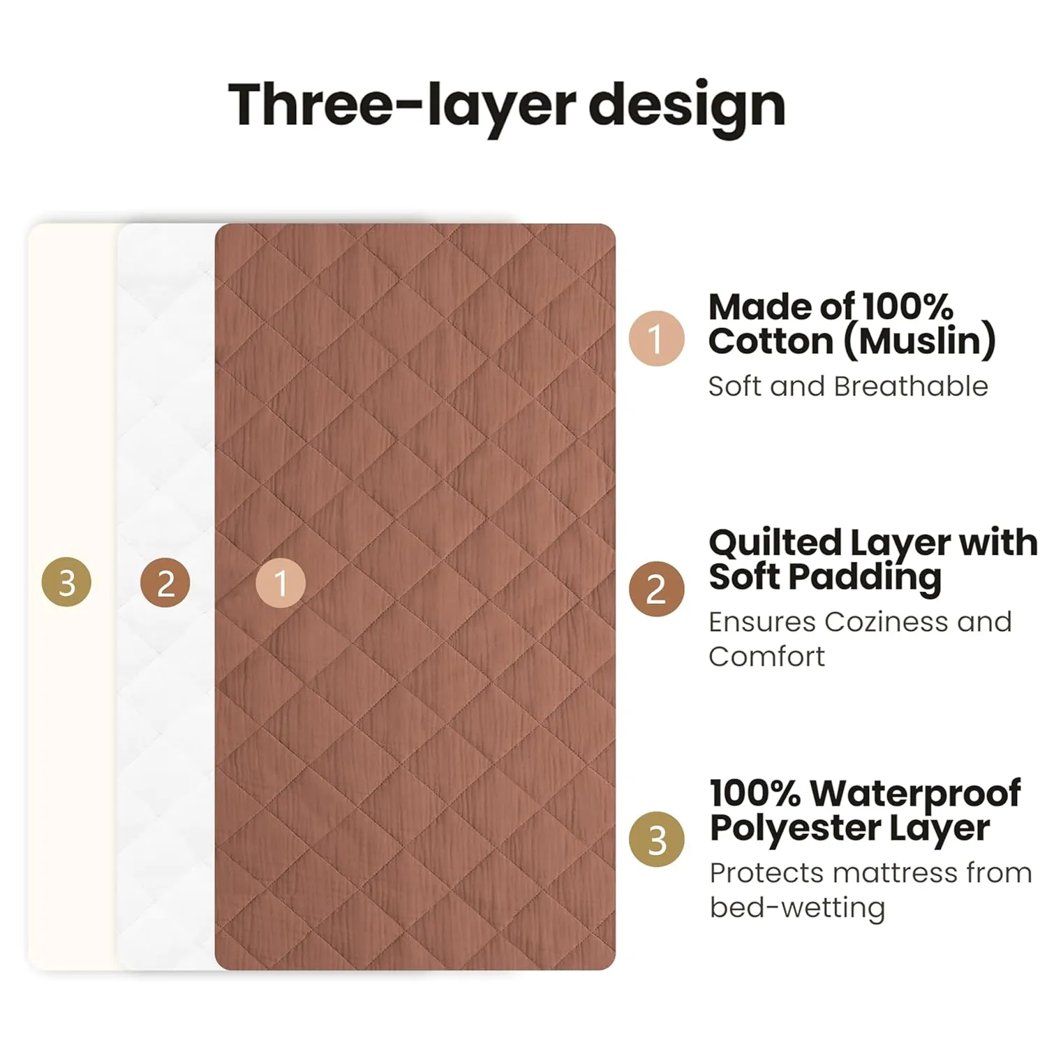 Konssy Waterproof Muslin Changing Pad Cover 2 Pack, Quilted Cotton Fitted Diaper Changing Table Cover, Soft Changing Pad Sheets for Girls Boys (Chestnut,Cream)