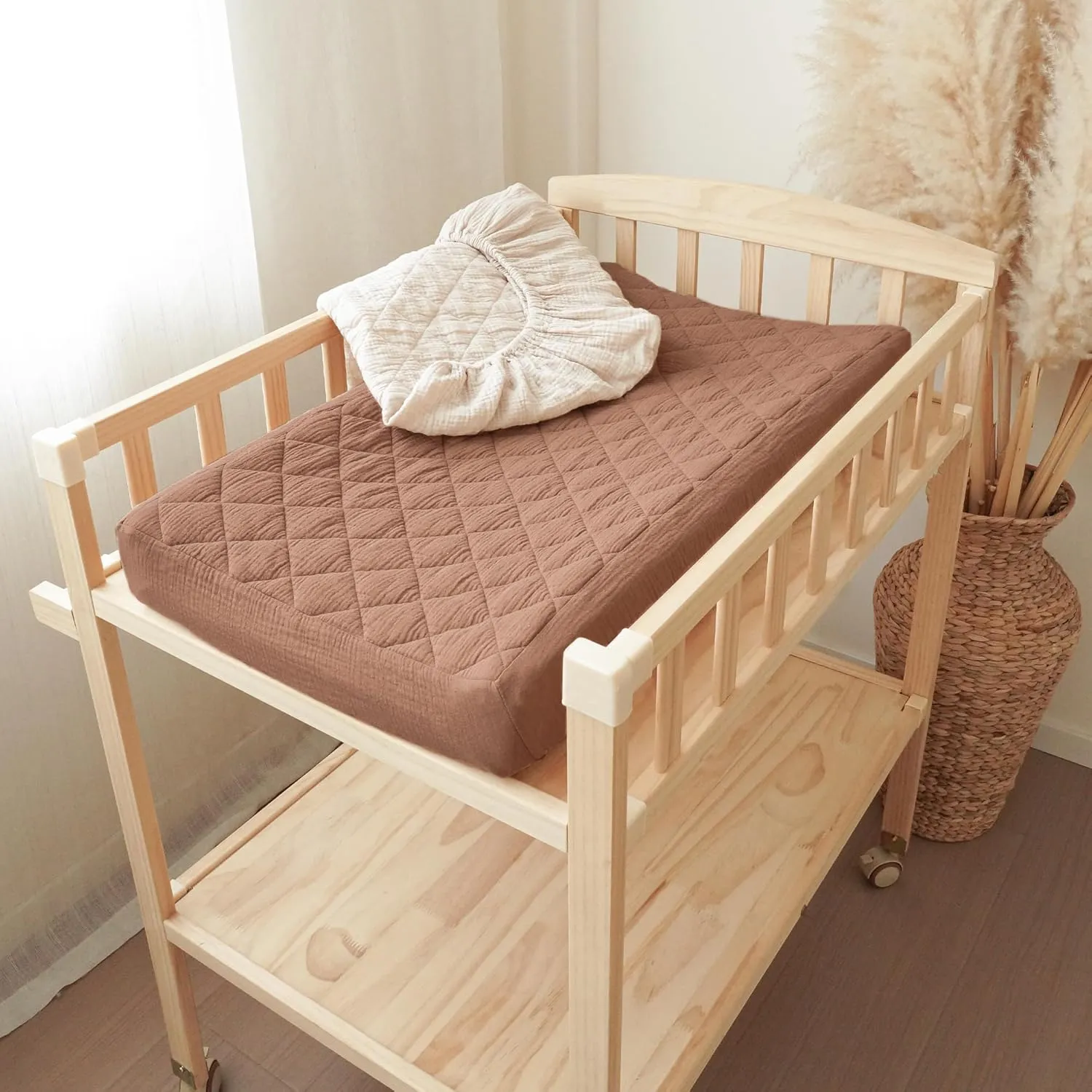 Konssy Waterproof Muslin Changing Pad Cover 2 Pack, Quilted Cotton Fitted Diaper Changing Table Cover, Soft Changing Pad Sheets for Girls Boys (Chestnut,Cream)