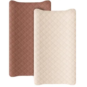 Konssy Waterproof Muslin Changing Pad Cover 2 Pack, Quilted Cotton Fitted Diaper Changing Table Cover, Soft Changing Pad Sheets for Girls Boys (Chestnut,Cream)