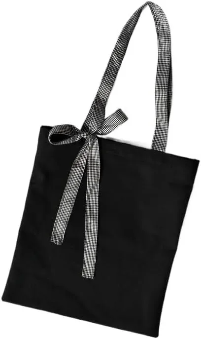 Korean Style Pure Black Plaid Bow Shoulder Bag for College Students - Chic Handbag for Classes