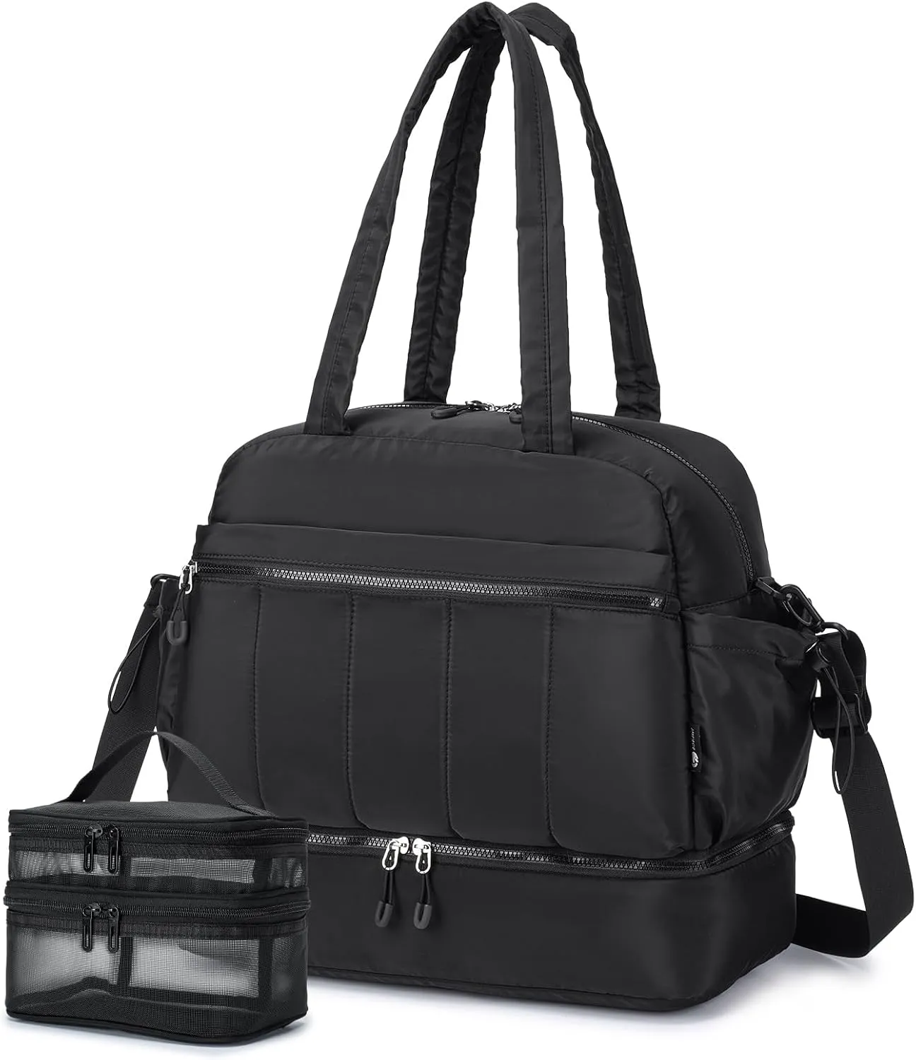 KSIBNW Gym Bag for Women Travel Duffle Bag, Water Resistant Carry on Weekender with Wet Pocket and Shoes Compartment Lightweight Personal Item Travel Bags for Yoga Hospital, with Makeup-bag, Black