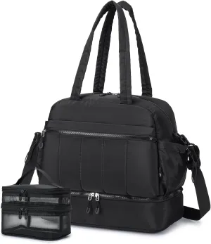 KSIBNW Gym Bag for Women Travel Duffle Bag, Water Resistant Carry on Weekender with Wet Pocket and Shoes Compartment Lightweight Personal Item Travel Bags for Yoga Hospital, with Makeup-bag, Black