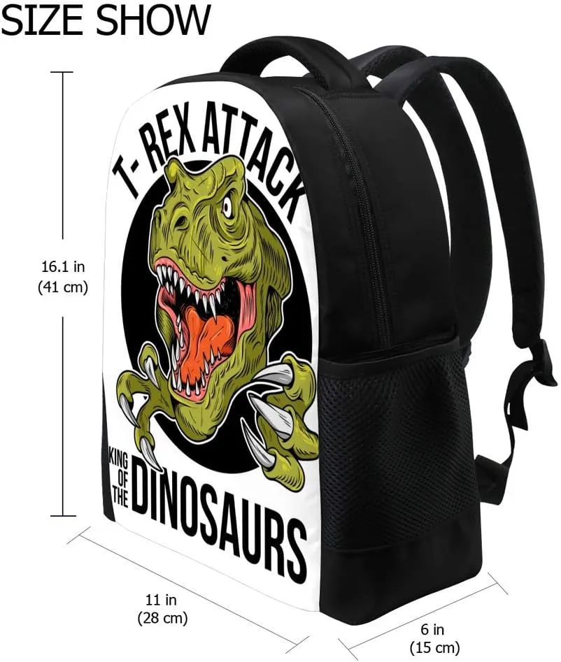 Kuizee Classic Backpack Schoolbag Adjustable Padded Shoulder Straps Daypack ﻿T-REX Tyrannosaurus Rex Dinosaur Cartoon Icon Casual Bags Durable College Daily 16Inch