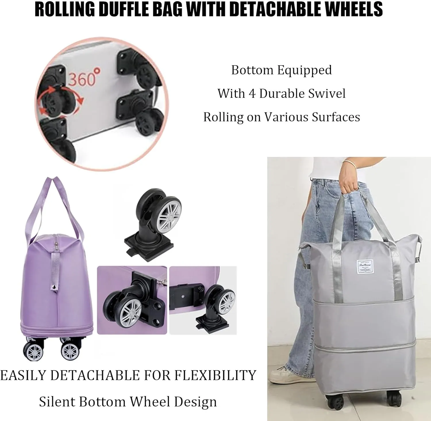 Kulken Travel Bag with Wheels, Kulken Travel Bag with Removable Wheels, Large Capacity Travel Bags Universal Wheel (Pink)