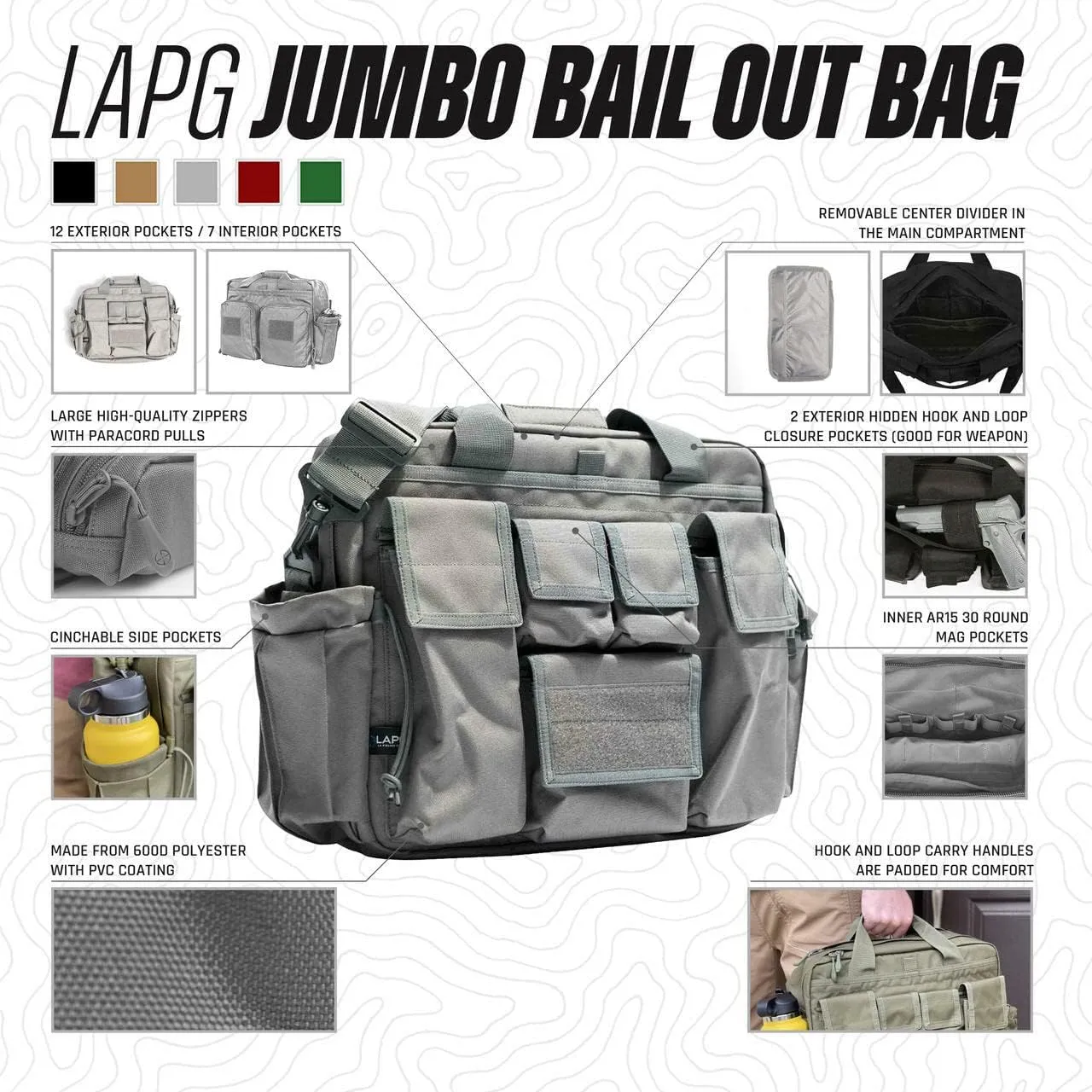 LAPG Camping Gear Jumbo Bail Out Bag, Survival Gear Range Bag, Multiple Pockets, Multi-functional Hiking Gear Bug Out Bag, OD Green