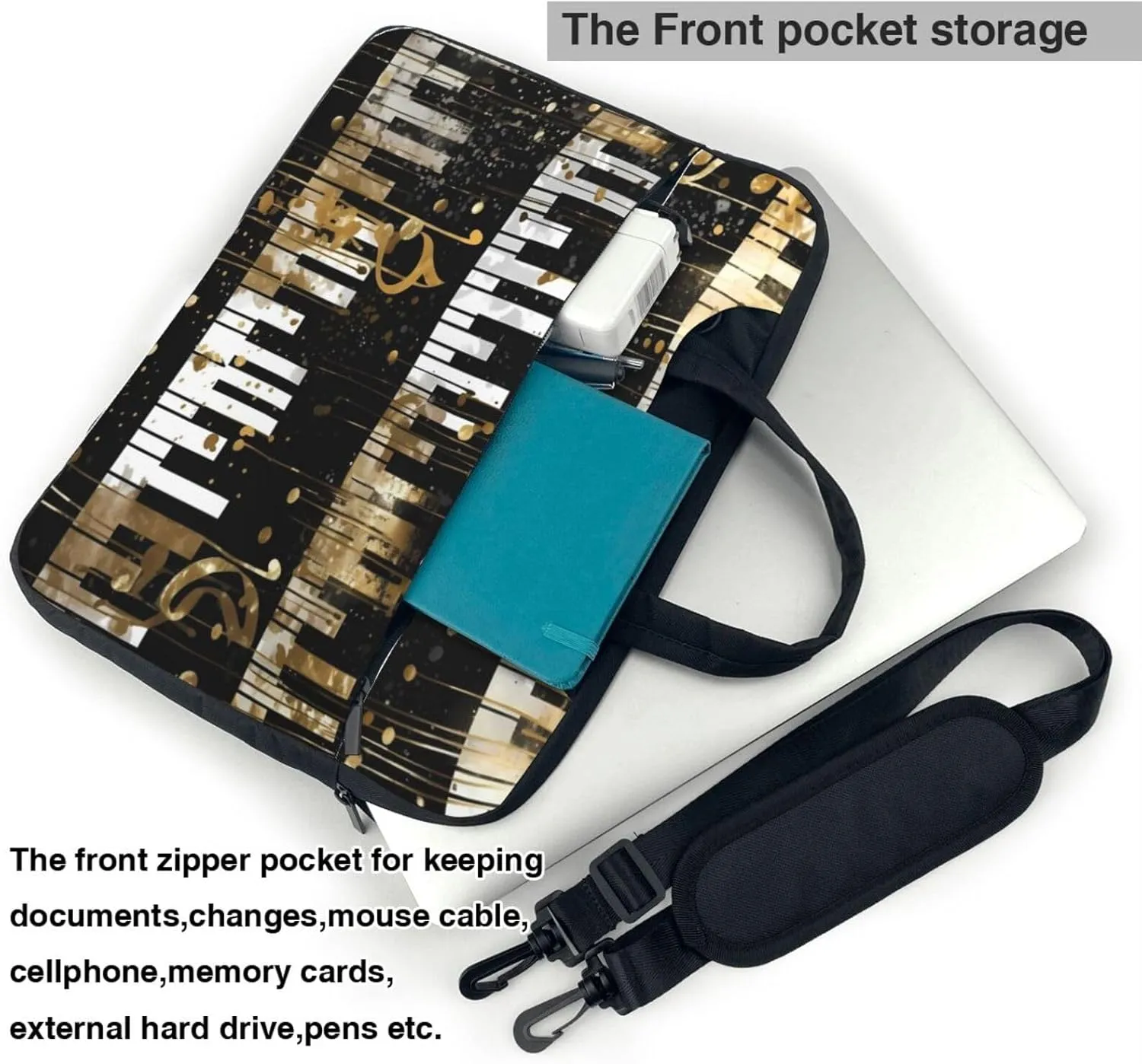 Laptop Bag Case Golden Music Notes Piano Keys Computer Messenger Shoulder Bag Laptop Sleeve Briefcase